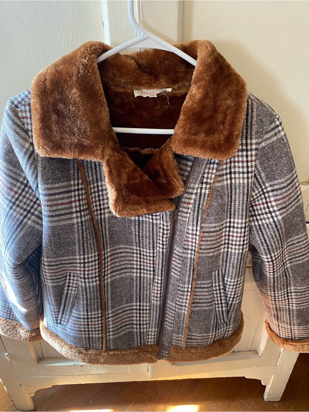 Solitaire Plaid Teddy Jacket with Brown Faux-Fur Trim